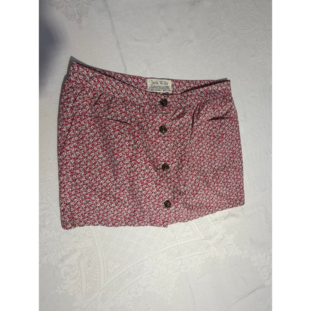 Jack Wills Red Floral Ditsy Button Front Mini Skirt UK 10 Womens Preppy Pocketed